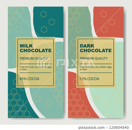 Organic dark and milk chocolate bar design. Abstract cocoa product packaging vector mockup, geometric pattern Organic dark and milk chocolate bar design. Abstract cocoa product packaging vector mockup, geometric pattern 120604840