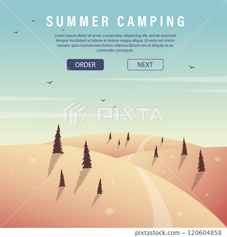 Summer camping, postcard design. Invitation card, backpacking and outdoor tourism 120604858