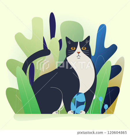 Cartoon cute cat spring postcard. Black cat in bush aesthetic boho style illustration. Happy Easter illustration 120604865