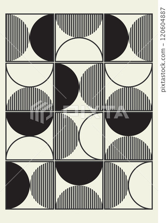 Retro black and white geometric vector minimal poster. Simple geometric shapes black beige background 120604887