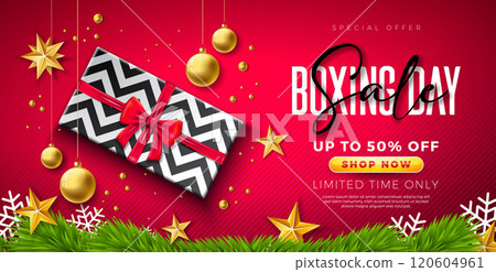 Boxing Day Sale Design with Gift Box, Golden Ornamental Ball and Typography Lettering on Red Background. Christmas Holiday Vector Business Illustration with Special Offer Elements for Coupon, Voucher 120604961