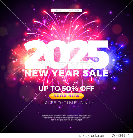 Happy New Year Sale 2025 Design with 3d Typography Lettering and Gold Christmas Ball on Red Background. Holiday Special Offer Campaign Discount Illustration for Coupon, Voucher, Banner, Flyer 120604965