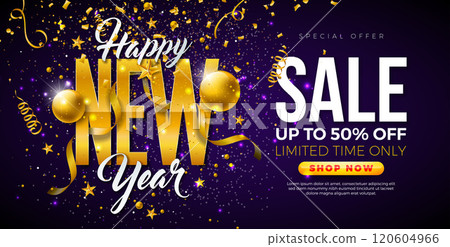 Happy New Year Sale 2025 Design with 3d Gold Typography Lettering, Christmas Ball and Falling Confetti on Dark Background. Holiday Special Offer Campaign Discount Illustration for Coupon, Voucher 120604966