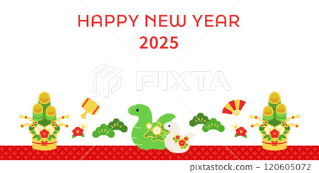 2025 New Year's banner with Kadomatsu and parent and child snakes (vector copy space white background) 120605072