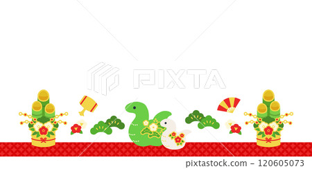 2025 New Year's banner with Kadomatsu and parent and child snakes (vector copy space white background no text) 2025 New Year's banner with Kadomatsu and parent and child snakes (vector copy space white background no text) 120605073