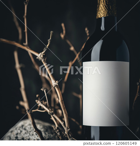 An Elegant Wine Bottle Set Against a Dark Background Accompanied by Natural Elements An Elegant Wine Bottle Set Against a Dark Background Accompanied by Natural Elements 120605149