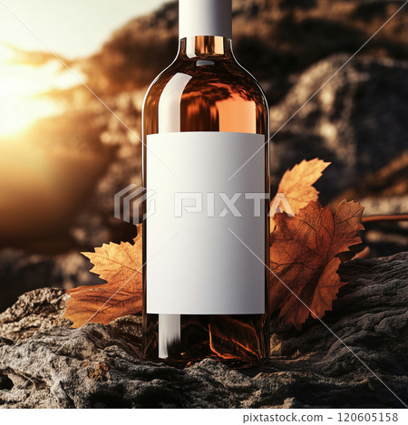 An Elegant Wine Bottle Featuring an Empty Label, Beautifully Surrounded by Autumn Leaves 120605158