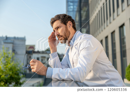 Young doctor having coffee and feeling tired after a night shift 120605336