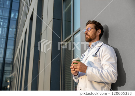 Ginger young doctor having morning coffee after a night shift 120605353