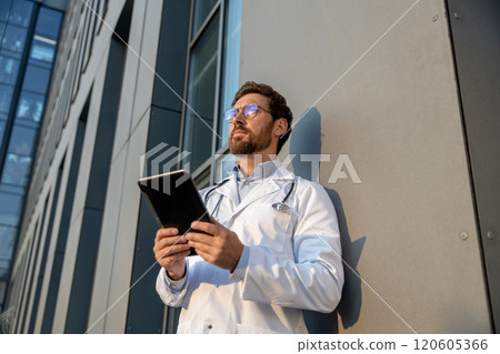 Ginger young doctor in eyeglasses looking serious and thoughtful Ginger young doctor in eyeglasses looking serious and thoughtful 120605366