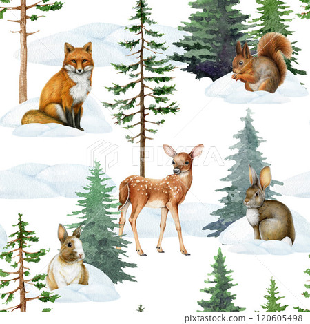 Winter season forest animals seamless pattern hand painted illustration. Winter time fox, squirrel, rabbit, reindeer animals in snow piles with conifer trees. Perfect for wildlife nature mood decor 120605498