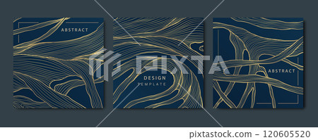 Vector set of gold on blue tree branches, wood organic texture cards. Modern flyers, line elegant package design. Vector set of gold on blue tree branches, wood organic texture cards. Modern flyers, line elegant package design. 120605520