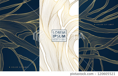 Vector set of wood branches labels, gold line nature, organic elegant design. Wave nature luxury backgrounds. 120605521