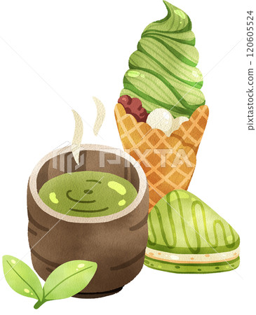 Matcha ice-cream soft serve with hot matcha, Japanese dessert, watercolor digital hand drawn 120605524