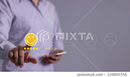 Customer Review, Young Man with smartphone mobile hand touch emoji five star  120605556