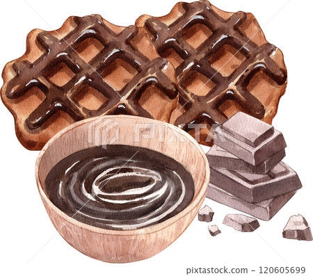 Hand-drawn watercolor illustration of chocolate-topped waffles. Hand-drawn watercolor illustration of chocolate-topped waffles. 120605699