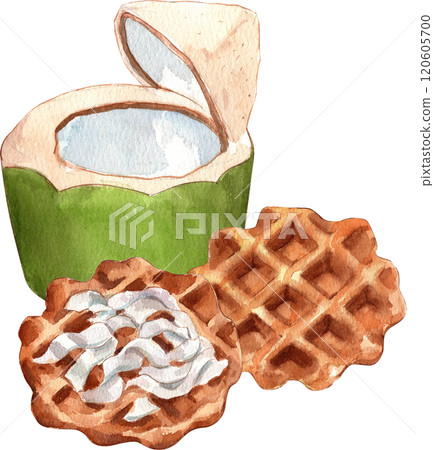 Hand-drawn illustration in watercolor of coconut waffles. Hand-drawn illustration in watercolor of coconut waffles. 120605700