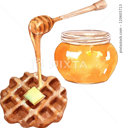 Hand-drawn watercolor illustration of butter and honey waffles. Hand-drawn watercolor illustration of butter and honey waffles. 120605713