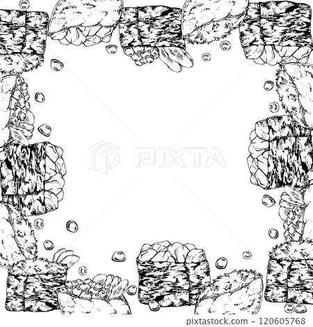 Traditional Japanese food, gunkan inari sushi with raw fish salmon tuna crab, caviar cucumber ginger hand drawn in vector pen, ink. Square border frame for restaurant, cafe menu, kitchen, recipe book Traditional Japanese food, gunkan inari sushi with raw fish salmon tuna crab, caviar cucumber ginger hand drawn in vector pen, ink. Square border frame for restaurant, cafe menu, kitchen, recipe book 120605768