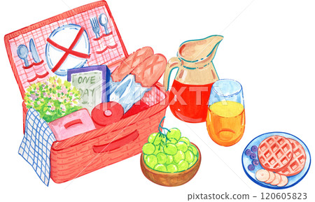 Basket of food and drinks for a picnic, watercolor painting hand-drawn illustration 120605823