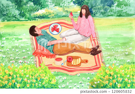 Man and woman happily sitting and eating fruit at a picnic in the park, watercolor painting hand-drawn illustration Man and woman happily sitting and eating fruit at a picnic in the park, watercolor painting hand-drawn illustration 120605832