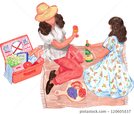 Two girls sitting and happily drinking wine at a picnic, watercolor painting hand-drawn illustration Two girls sitting and happily drinking wine at a picnic, watercolor painting hand-drawn illustration 120605837