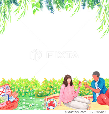 Sitting at a picnic, happily eating and drinking with friends, square frame,  watercolor painting hand-drawn illustration 120605845