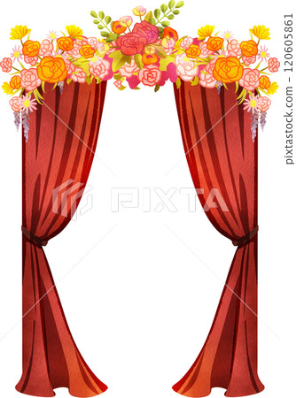 Red long curtain, Arch with Flower Fecoration for Wedding, Hand Drawn Illustration Watercolor 120605861
