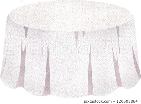Round Table Covered with White Tablecloth, Hand Drawn Illustration Watercolor 120605864