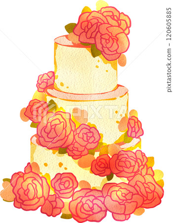 Three-Tier Wedding  Cake Decorated Roses, Hand Drawn Illustration Watercolor 120605885