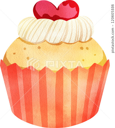 Cupcake Decorated with Cream Frosting and Red Heart Toppers, Hand Drawn Illustration Watercolor 120605886