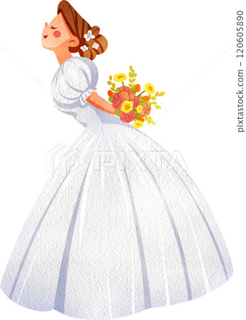 Bride in White Dress Leaning forward with Bouquet, Hand Drawn Illustration Watercolor Bride in White Dress Leaning forward with Bouquet, Hand Drawn Illustration Watercolor 120605890