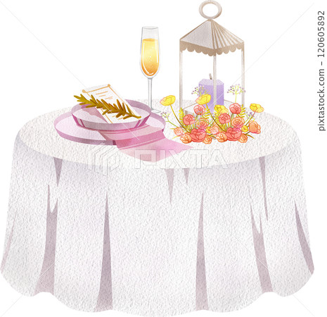 Wedding banquet table set with plates, champagne and lanterns, Hand Drawn Illustration Watercolor 120605892