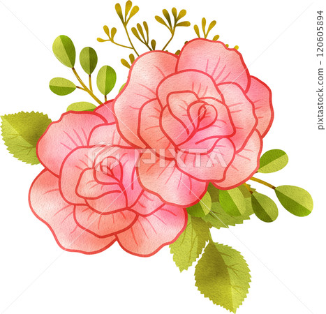 Bouquet of Red Roses with Leaves, Hand Drawn Illustration Watercolor Bouquet of Red Roses with Leaves, Hand Drawn Illustration Watercolor 120605894