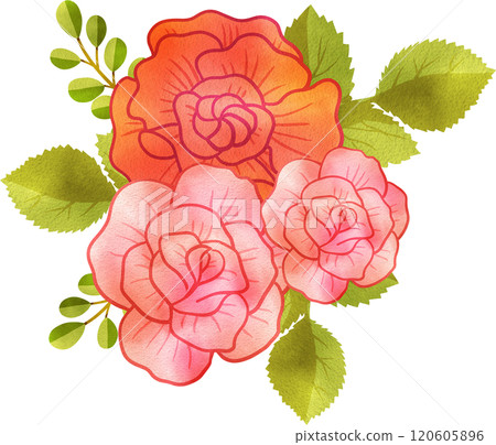 Bouquet of Roses and Carnation with Leaves, Hand Drawn Illustration Watercolor 120605896
