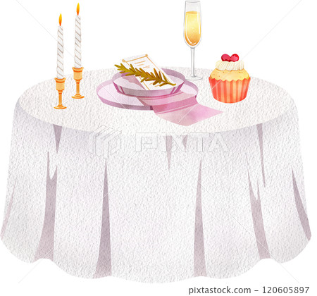 Wedding banquet table set with plates, champagne, candle and cupcake, Hand Drawn Illustration Watercolor 120605897