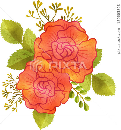 Bouquet of Carnation with Leaves, Hand Drawn Illustration Watercolor 120605898