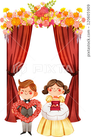 Boy and girl holding ring box and flowers at wedding,  Hand Drawn Illustration Watercolor 120605909