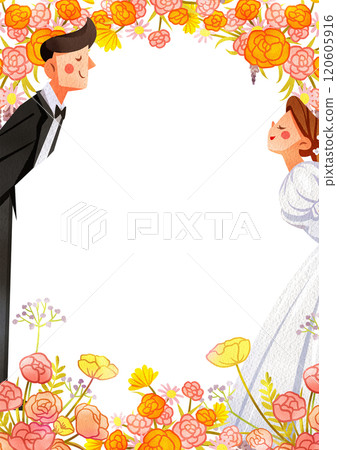 Frame Kiss on Wedding Day and Flowers curtain decor, Hand Drawn Illustration Watercolor 120605916