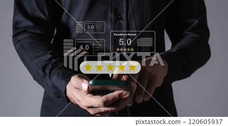 Excellence Review, Young Man hand using smartphone mobile with five star to review and give 5 stars Excellence Review, Young Man hand using smartphone mobile with five star to review and give 5 stars 120605937
