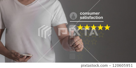 Young Man with smartphone mobile hand touching five star to review and give 5 stars Young Man with smartphone mobile hand touching five star to review and give 5 stars 120605951