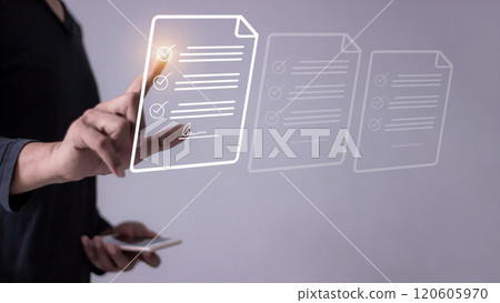 Young man with smartphone mobile hand touching to sign a business contract online 120605970
