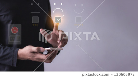 Consumer Satisfaction, Young man with smartphone hand touch to review and gives 1 star 120605972