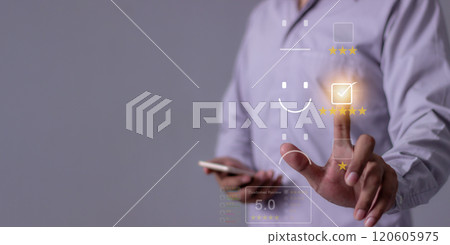 Customer Review, Young Man with smartphone mobile hand touch emoji five star to review 120605975