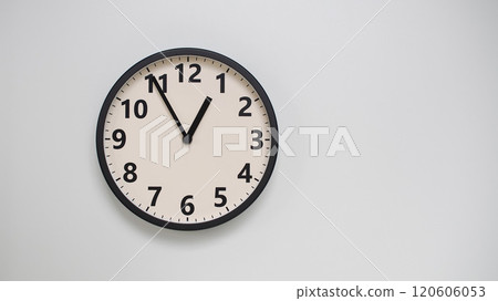 Classic Black-Edged Clock on White Background at 12.55/00.55 - Perfect for Time Management and Text Space Classic Black-Edged Clock on White Background at 12.55/00.55 - Perfect for Time Management and Text Space 120606053