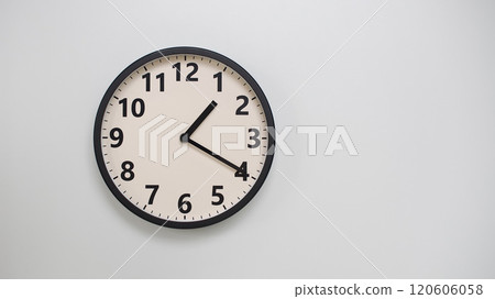 Classic Black-Edged Clock on White Background at 13.20/01.20 - Perfect for Time Management and Text Space 120606058