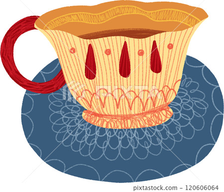 Yellow and Red English Tea Cup on Blue Saucer, hand-drawn digital painting illustration 120606064