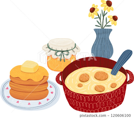 delicious soup served with pancakes and flowers, hand-drawn digital painting illustration 120606100