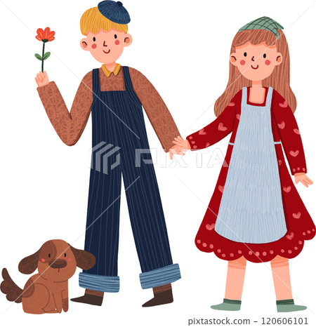 smiling couple holding hands with brown dog, hand-drawn digital painting illustration smiling couple holding hands with brown dog, hand-drawn digital painting illustration 120606101