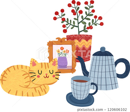 orange cat sleeping near berry plant, tea set, hand-drawn digital painting illustration orange cat sleeping near berry plant, tea set, hand-drawn digital painting illustration 120606102